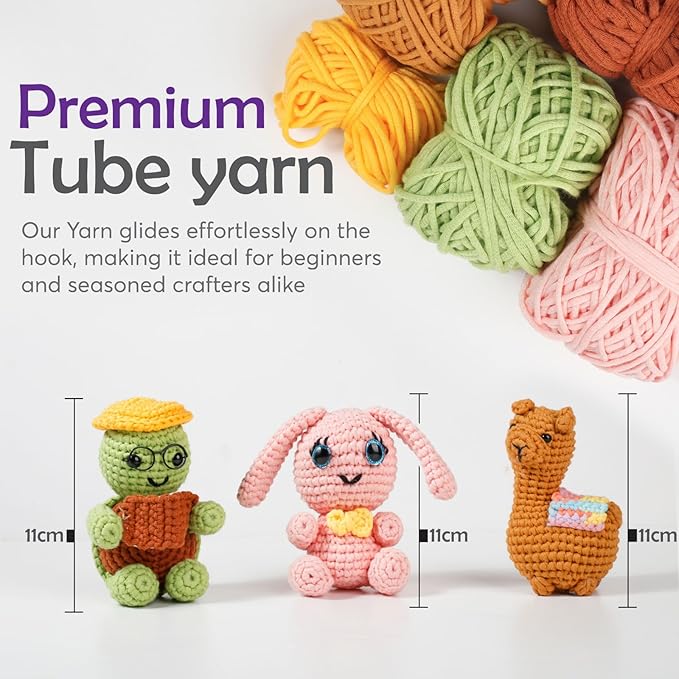 A-URA Learn to Crochet Kit for Beginners Kids and Adults, Premium 3 Animal Pattern Large Size Beginner Crochet Kits with Easy Tube Yarn & Step-by-Step Video Tutorials (Safari Friends–Larger Plushies)