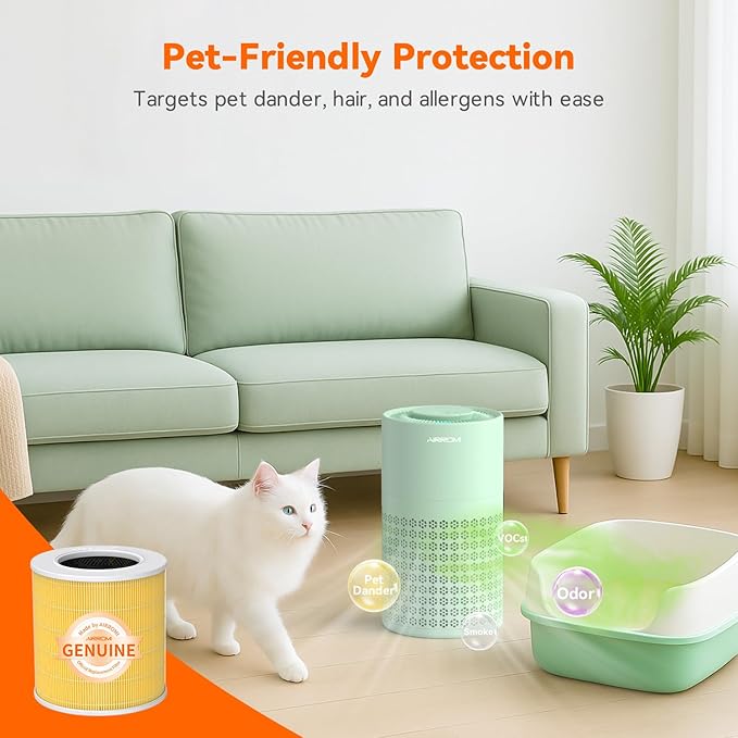 AIRROMI Air Purifier for Bedroom with HEPA 3-in-1 Filter, Pet Air Purifier for Home Cat Pee Smell, Covers Upto 990 Ft², Quiet 360°intake Air Cleaner for pet hair,allergies,Dust,Smoke A2001 Green