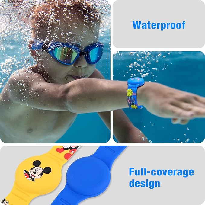 2 Pack AirTag Bracelet for Kids, Waterproof Cute Cartoon Air tag Holder for Kids with Watch Band Design, Full Coverage Silicone Airtag Hidden Accessories for Child, Healthy Material Blue + Yellow