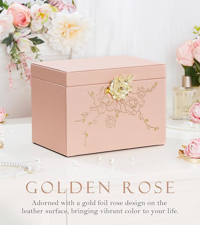 Jewelry Box with Lock for Girls: Jewelry Organizer for Dresser - 3-Drawer Earrings Storage Girls Women Gift (Peach Pink)