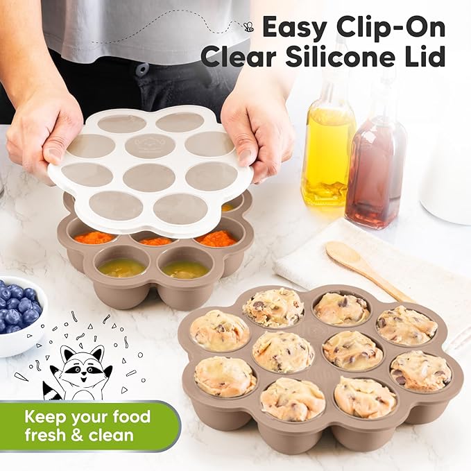 KeaBabies Silicone Food Freezer Trays with Lid, 2oz x 10 Pods Baby Food Storage Containers, Easy Puree Meal Prep, Breast Milk Silicone Freezer Molds, Dishwasher, Microwave Safe,BPA-Free(Chai Latte)