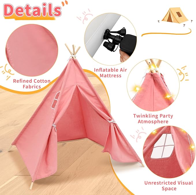 4 Pack Teepee Tent for Kids with Light String and Inflatable Airbed, Slumber Party Tents, Sleepover Tents Party for Girls Boys Indoor Outdoor (Pink)