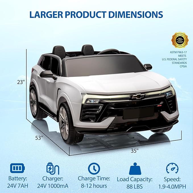 Hetoy 24V 2-Seater SUV Licensed Chevrolet Blazer Ride On Car Toy w/Parent Remote Control, 3 Speeds, Wireless Music, MP3 Player, Electric Car for Kids Ages 3-8, White