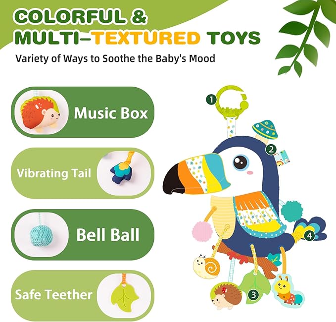 Jollybaby Musical Activity Pull String Hanging Toy for Baby Stroller Car Seat Crib Play Gym, Plush Stuffed Toucan Toy for Carseat with Music Teether Rattles, Sensory Toy for Baby Gift