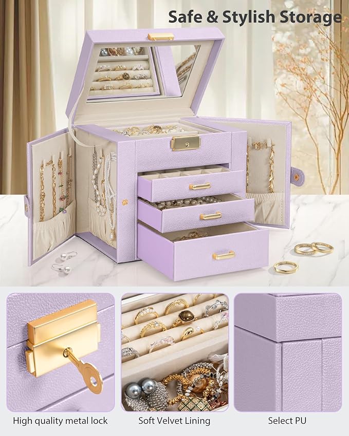 AKOZLIN 4-Tier Jewelry Box Leather Jewelry Storage Organizer with 3 Drawers Lockable for Women Girls Ring Necklace Earring Bracelet Holder with Mirror Purple