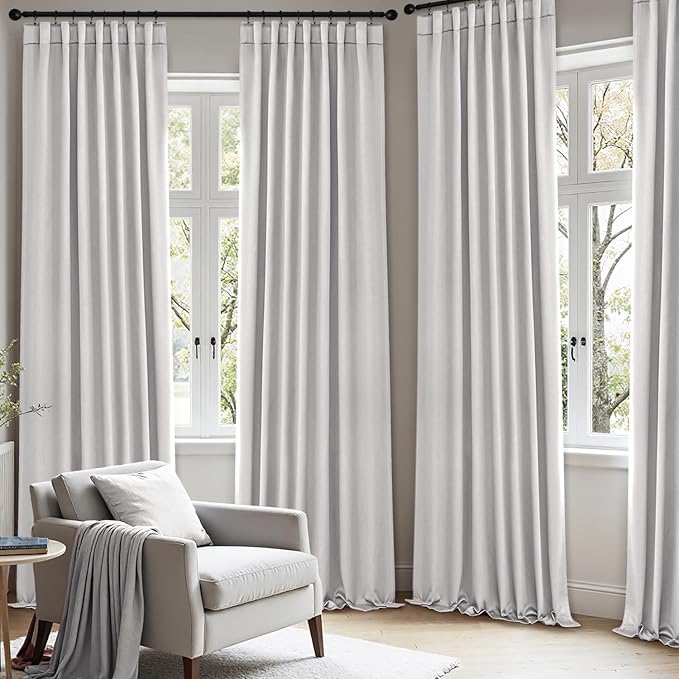 ANRODUO Back Tab Blackout Curtains for Bedroom Living Room, Rod Pocket Pinch Pleated Thermal Insulated Room Darkening Curtains 96 Inches Long 2 Panels, Greyish White, 42 x 96 Inch