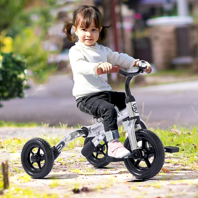Ancaixin 3 in 1 Toddler Tricycles for 2-5 Years Old Boys Girls with Adjustable Seat Detachable Pedal and Bell, Foldable Baby Balance Bike Riding Toys, Kids Birthday Christmas New Year Gift (Silver)