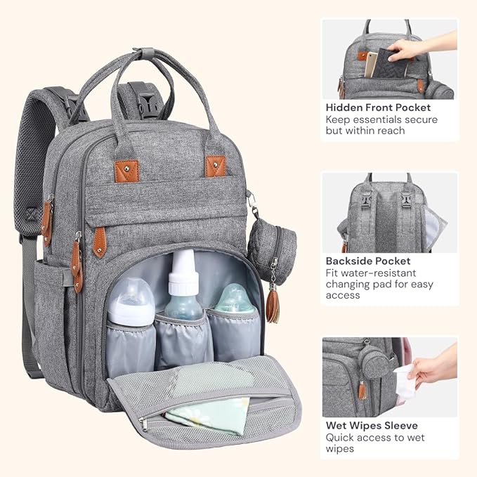 BabbleRoo Diaper Bag Backpack - Baby Essentials Travel Tote - Multi Function Waterproof Diaper Bag, Travel Essentials Baby Bag with Changing Pad, Stroller Straps & Pacifier Case - Unisex, Light Gray