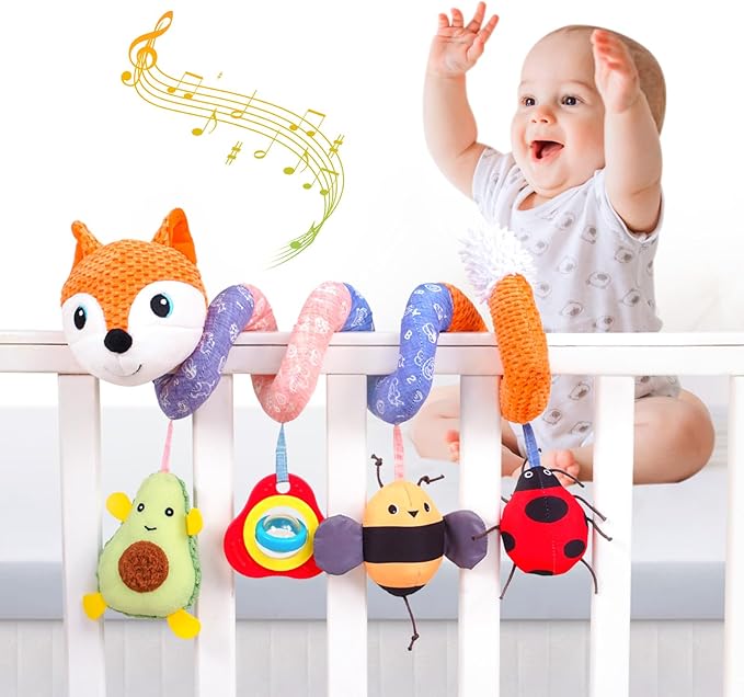 Jollybaby Baby Car Seat Stroller Toys, Plush Activity Hanging Spiral Activity Pram Crib with Music Box, Rattles, Squeaker for Babies Infant Boys Girls(Orange Fox)