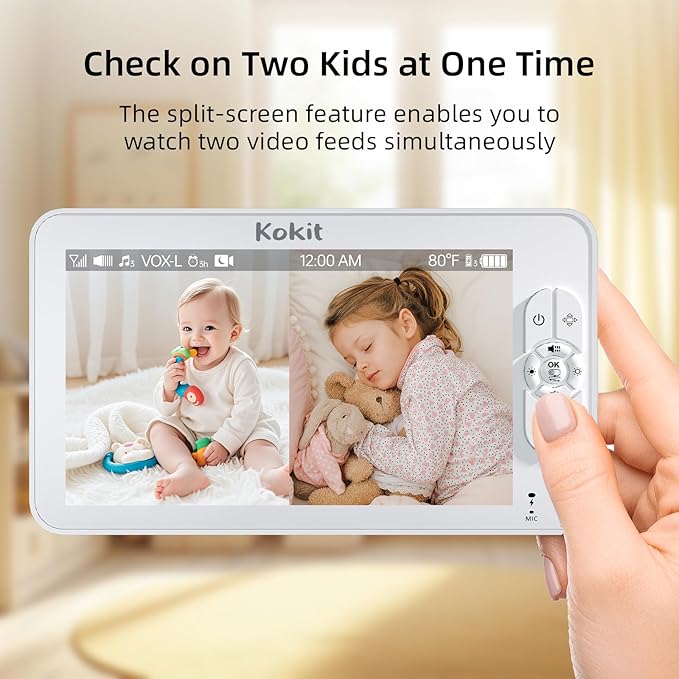 7" 1080P Full HD Split-Screen Baby Monitor,100 Hrs 5000mAh Battery Runs 4 Days with Flexible Bracket,No WiFi Baby Monitor with 2 FHD Cameras Hack-Proof,4X Zoom,2-Way Talk,Temp Alert/Lullabies/VOX