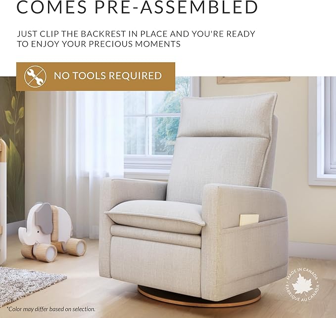 Jaymar Arya Modern Nursery Glider Recliner Chair – Cozy Nursing Chair with 360° Swivel for New Parents, Gentle Motion, Compact Design, High Back & Low Armrests, Canadian Made (Sand/Como Fabric)