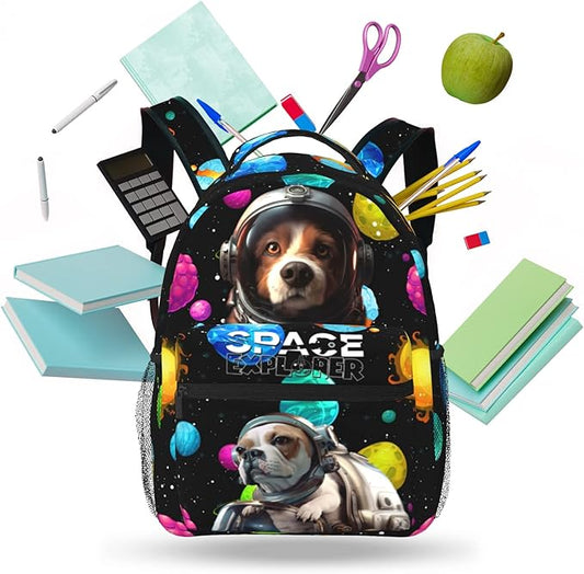 Funny Astronaut Dog Print Kids Backpack, Planet Space Galaxy Themed School Bag for Boys & Girls, Lightweight and Durable Bookbag for Age 5-12, Backpack Ideal for School & Outdoor Adventures