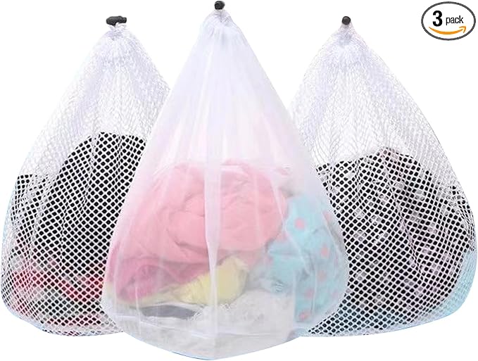 3Pcs Mesh Laundry Bags Washing Machine Mesh Wash Bags Jumbo for Delicates Clothes,Bed Linen,Toys with Drawstring Closure Sturdy(3 XXLarge 28 x 26 Inches)