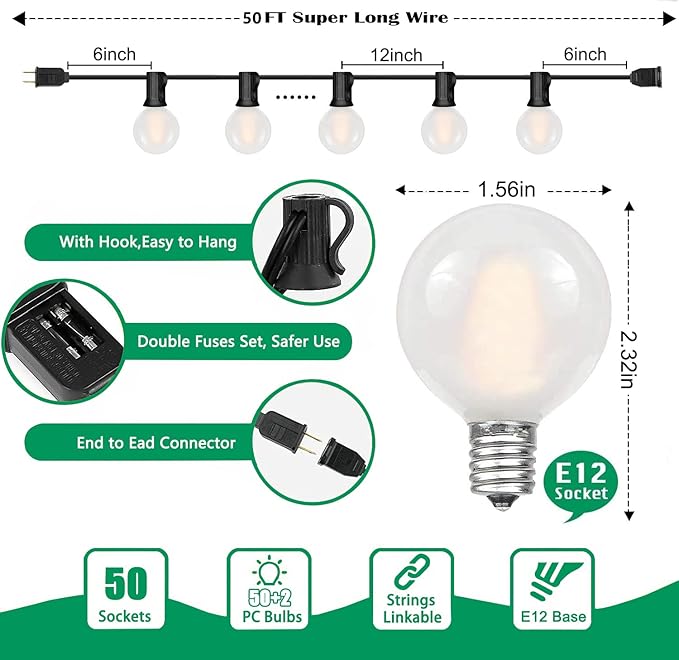 50Ft LED Outdoor Patio String Lights - Waterproof Globe Lights with 52 Shatterproof Frosted Bulbs, Connectable for Wedding, Party, Christmas & Garden Decor, Black Wire