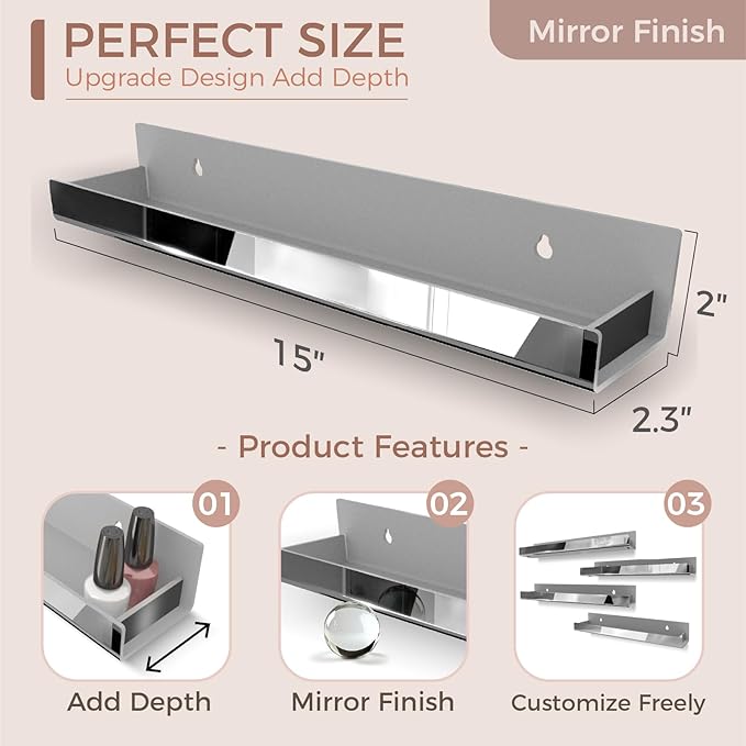 4 Pack 15 Inch Black Reflective Acrylic Shelves, Black Floating Shelves, Modern Sunglasses Essential Oil Picture Ledge Display Toy Storage Shelf