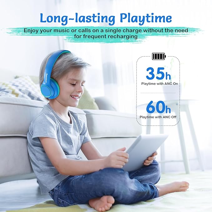 Active Noise Cancelling Headphones for Kids, 60H Playtime, Wireless Bluetooth Over-Ear Blue Headset Built-in Microphone for Home/School/Travel/Party - Includes Portable Case