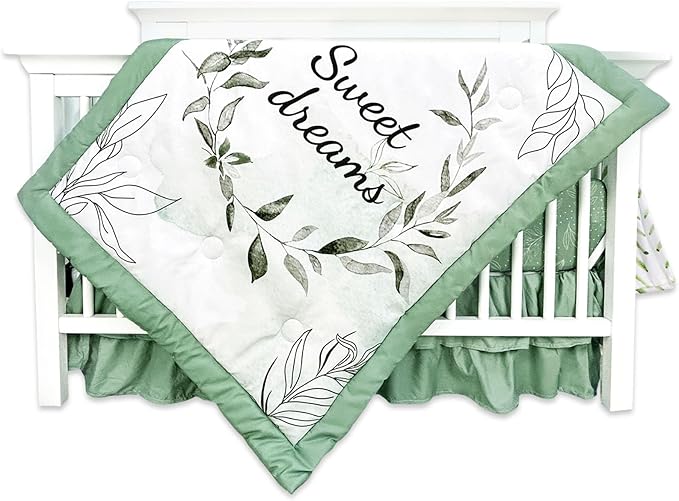 Green Leaf Crib Bedding Set, 4-Piece Baby Boy Bedding Set, Neutral Nursery Bedding Set, Fitted Crib Sheet, Crib Skirt, Baby Quilt, and Diaper Stacker, Sage