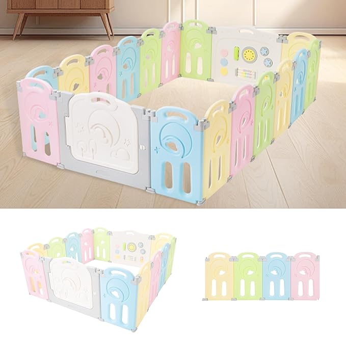 Fortella Cloud Castle Foldable Playpen, Baby Safety Play Yard with Whiteboard and Activity Wall, Indoors or Outdoors (Multicolor 14 Panel)