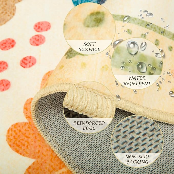 Floral 4ft Area Rug Machine Washable Soft Print Boho Carpet Non Slip Doormat Low Pile Flower Area Rugs for Living Room Bedroom Nursery Kitchen Dining Room Indoor-Ivory/Yellow