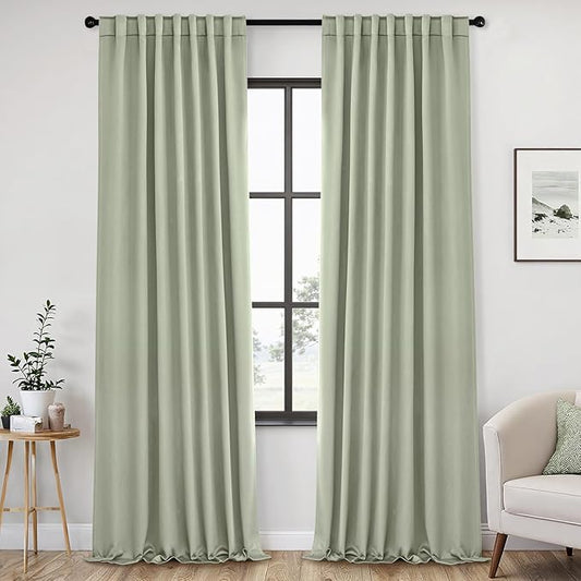 ANRODUO 96 Inch Long Blackout Curtains Sage Green Thermal Insulated Room Darkening Drapes with Hooks, Rings, Clips for Living Room Bedroom 2 Panels Set
