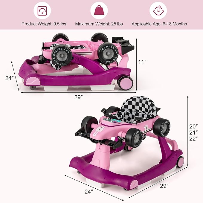 HONEY JOY 4-in-1 Baby Walker, Activity Push Walker w/3 Adjustable Heights, Smooth Wheels w/Adjustable Speed, Padded Seat, Music & Light, Foldable Car Walker for Baby Boys Girls Age 6 Months+ (Purple)