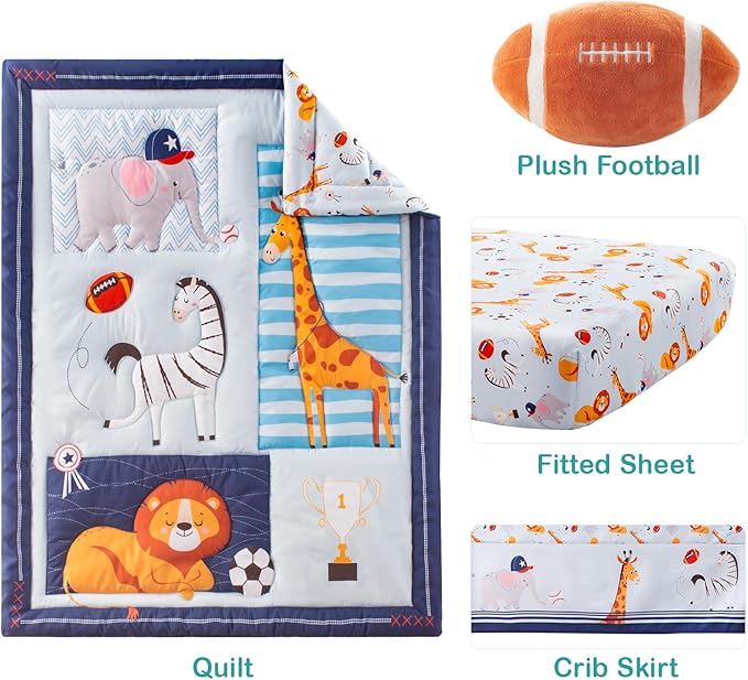 4 Piece Crib Bedding Set for Boys Girls, Infant Toddler Nursery Baby Bedding Sets Includes Cartoon Quilt, Fitted Crib Sheet, Crib Skirt and Plush Football Toy (MVP)