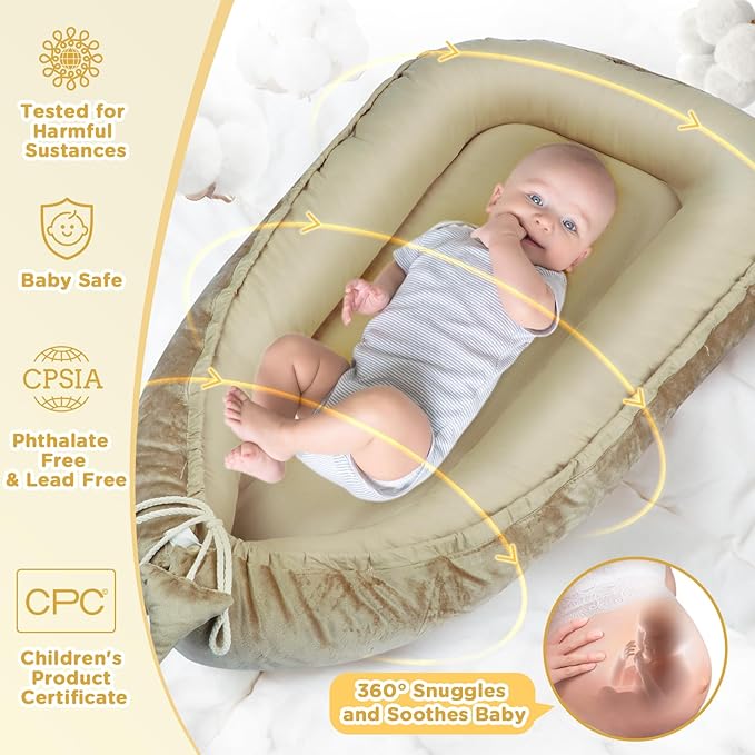 Baby Lounger - Baby Lounger for Newborn 0-24 Months, Breathable & Soft Cotton and Velvet Cover Baby Nest, Portable Tummy Time Lounger for Home and Travel, Ideal Baby Essentials & Shower Gifts