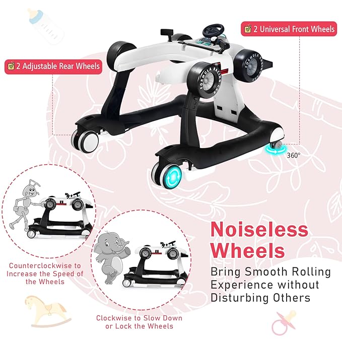BABY JOY 4-in-1 Baby Walker, Foldable Activity Walker with Adjustable Height & Speed, Music, Lights, Anti-Rollover, Toddler Push Walker, Baby Walker with Wheels for Boys Girls 6-18 Months (White)
