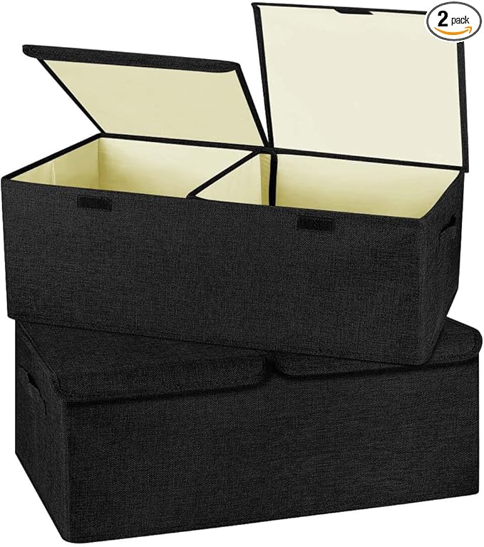 2 Pack Large Linen Fabric Collapsible Storage Bins with Lid and Handles, Washable Storage Box Baskets Cube with Removable Divider for Bedroom,Closet,Office,Living Room,Nursery (Black, Small)