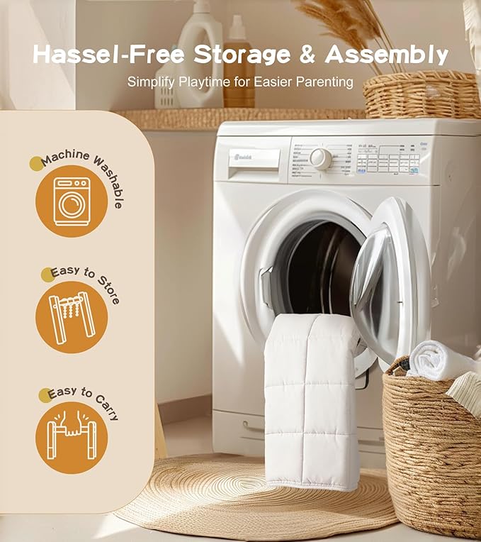 Baby Gym with Mat, Wooden Play Gym with 9 Sensory Toys, Foldable Baby Play GymFrame Activity Center, Natural Pine Wood, Montessori Toys, Easy to Assemble & Clean, Natural Color