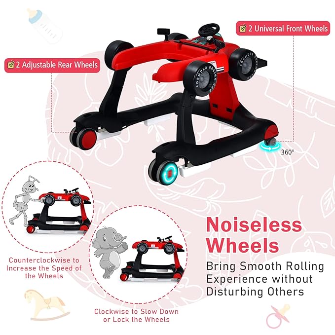 BABY JOY 4-in-1 Baby Walker, Foldable Activity Walker with Adjustable Height & Speed, Music, Lights, Anti-Rollover, Toddler Push Walker, Baby Walker with Wheels for Boys Girls 6-18 Months (Red)