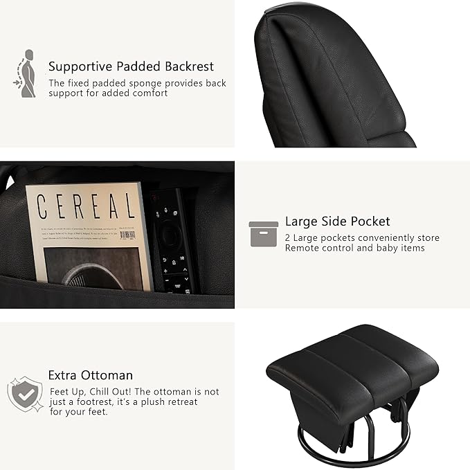 AODAILIHB Swivel Glider Recliner with Ottoman, 360 Rocking Chair with Foot Rest Recliner Chair Indoor Rocking Chair with Side Pockets Nursery Chairs for Living Room, Bedroom, Office (Black)