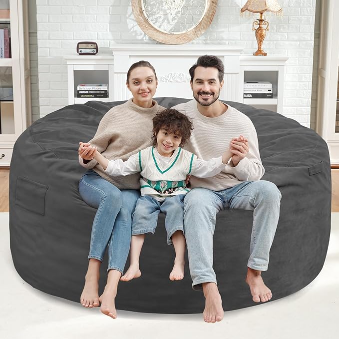 5FT Bean Bag Chair, Large Bean Bag Chairs with Memory Foam Filled, Fluffy Beanbag Sofa with Dutch Velvet Cover, Round BeanBag Chairs for Living Room, Playroom - Grey