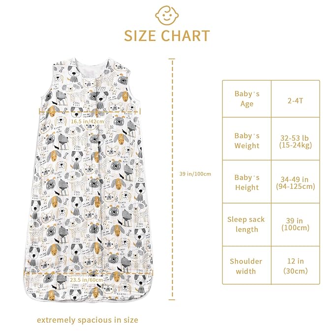Baby Sleep Sack 2-4 T Baby Wearable Blanket 100% Organic Cotton 0.5 TOG Toddler Sleeping Sack 2- Way Zipper Soft Lightweight X-Large Pup