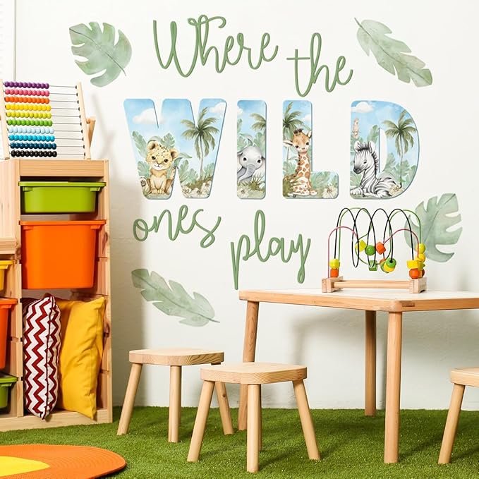 27.95x21.65 Inches Watercolor Wild Jungle Animal Wall Decals - Forest Safari Removable Stickers for Baby's Nursery, Playroom, Bedroom, Classroom - Tiger, Elephant, Giraffe Decor