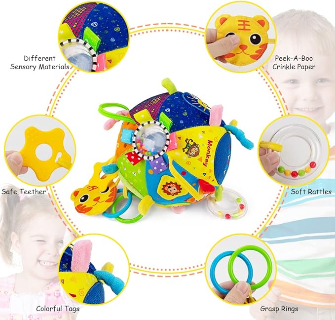 8-in-1 Sensory Balls for Infant Toddlers,Rainbow Fabric Baby Toy for Sensory Development,Montessori Toys for Babies 6-12 Months,8 Different Sensory Tactile Textures with Crinkle Rattle Squeakers