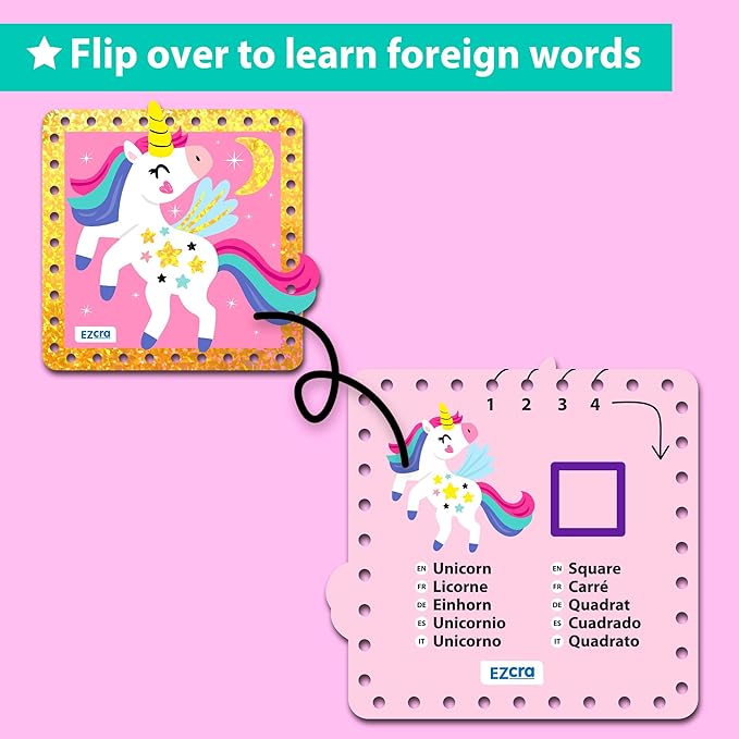 EZCRA Premium Foil Edge Lacing Cards for Kids Ages 3-6 | 5 Double-Sided Princess and Unicorn Sewing Cards with Multilingual Learning | Durable Cardboard Fine Motor Skills Activity Kit