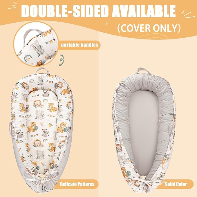 Baby Lounger Cover for Boys Girls, Reversible Baby Nest Cover, Adjustable Baby Lounger Replaceable Cover for Infant Newborn, Portable and Machine Washable, Cotton Gray Elephant Cover Only