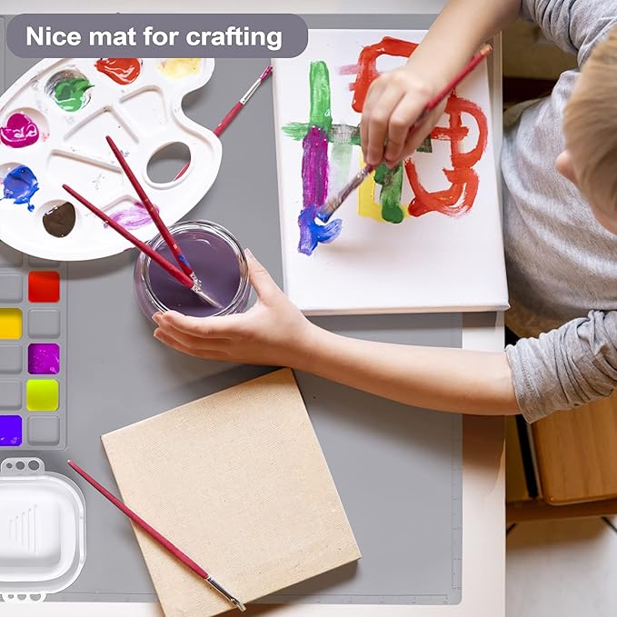AWOKE Silicone Painting Mat - 20"X16" Silicone Art Craft Mat with 1 Water Cup for Kids -12 Color Dividers - 2 Paint Dividers (Grey)