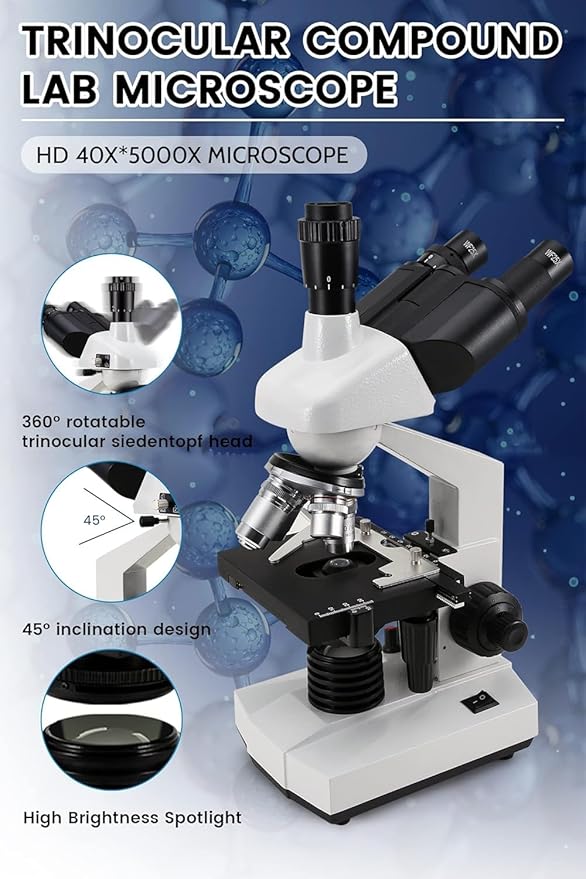 40X-5000X Compound trinocular Microscopes trinocular for Adults,Display Screen, Microscope Accessories, Microscopes for School Laboratory Home Education Abbe Condenser