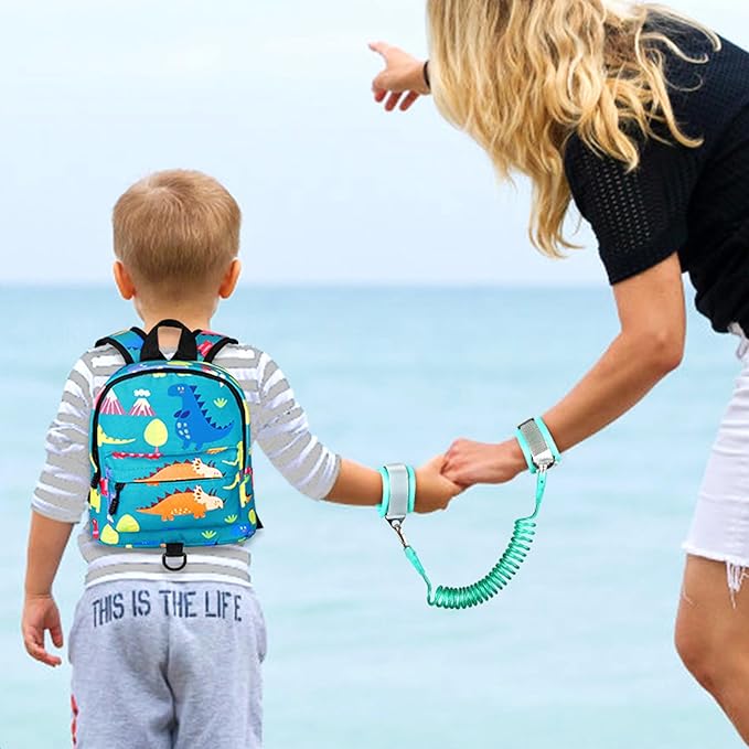 Accmor Toddler Backpack Leash with Anti Lost Wrist Link, Cute Mini Child Walking Harnesses Keep Kids Close Back Pack Rope Tether Rein for Baby Boys (Turquoise/Dino)