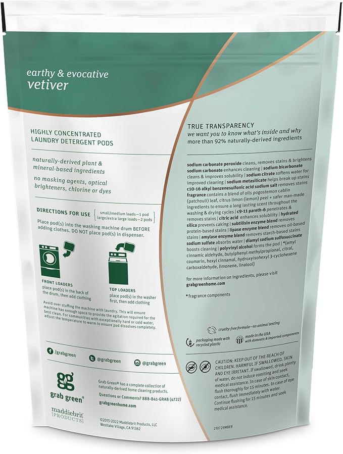 Grab Green 3-in-1 Laundry Detergent Pods, 24 Count, Vetiver Scent, Plant and Mineral Based, Superior Cleaning Power, Stain Remover, Brightens Clothes