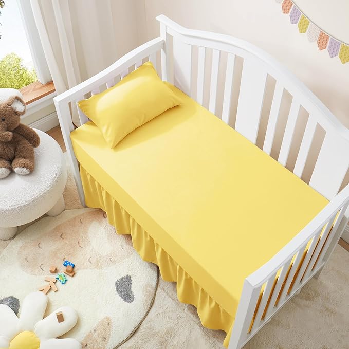 Horbaunal 2 Pack Set Crib Skirt & Crib Bed Sheet, Yellow Crib Bed Skirt 28" x 52" with 14" Drop Dust Ruffle, Soft Microfiber Toddler Bedskirt Nursery Bedding Skirt for Baby Girls and Boys