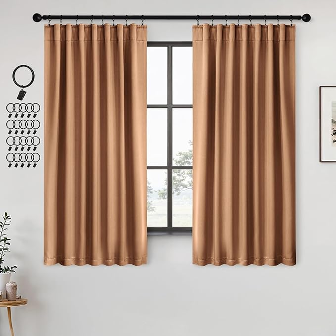 ANRODUO Back Tab Blackout Curtains for Bedroom Living Room, Rod Pocket Pinch Pleated Thermal Insulated Room Darkening Curtains 54 Inches Long 2 Panels, Brown, 42 x 54 Inch