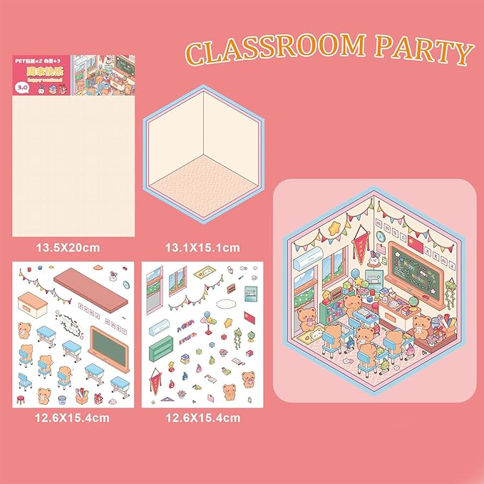 4 Sets DIY 3D House Stickers,Make Your Own Warm Home,Fun Cute Cartoon Stickers Scene Make Your Own Mini Room Scenes Miniature Supermarket for Relief Stress Pass The Time