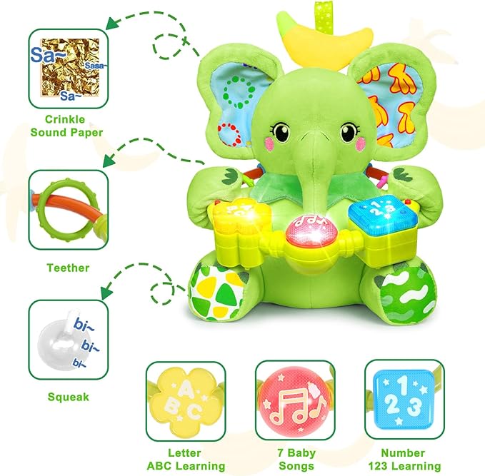 Baby Elephant Musical Stuffed Animals Toy with Light-Up Music & Crinkle Sound Paper,Infant Bilingual Early Learning Education Toys,Tummy Time Toys for 0-3-6-12+ Months Boy Girl, Green