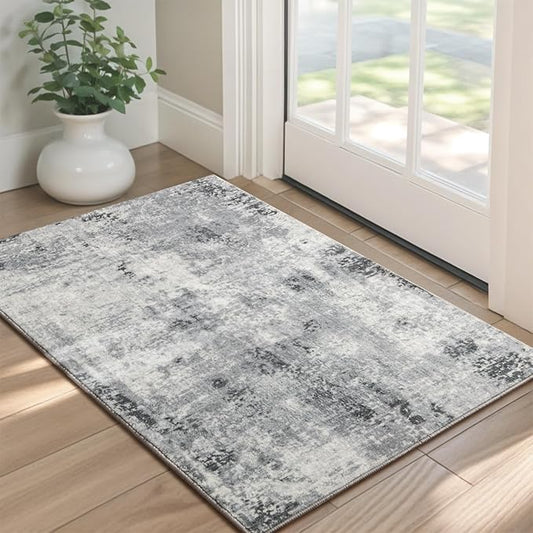 Entryway Rug 2x3 Grey Rug, Washable Abstract Small Rugs Non-Slip Low Pile Throw Rugs for Kitchen Floor, Front Door, Bedroom Bedside