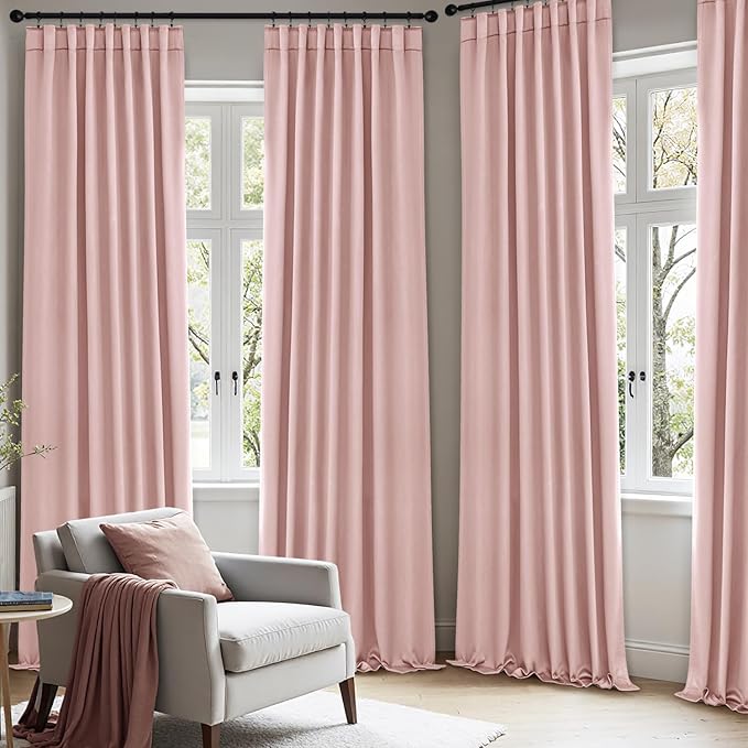 ANRODUO Light Pink Blackout Curtains for Girls Bedroom Living Room 96 Inches Long 2 Panels, Back Tab Rod Pocket Pinch Pleated Thermal Insulated Room Darkening Curtains, 52 x 96 Inch