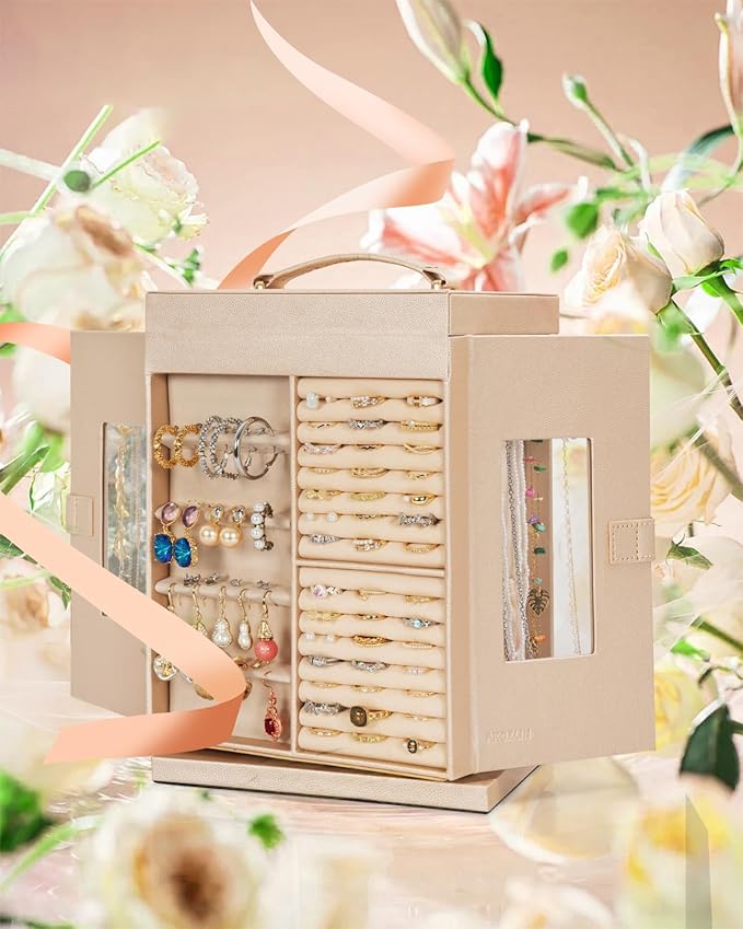 AKOZLIN Jewelry Box 6-Tier Organizer Functional 360° Rotating Jewelry Storage Case for Women Girls Ring Necklace Earring Bracelet Holder with Mirror