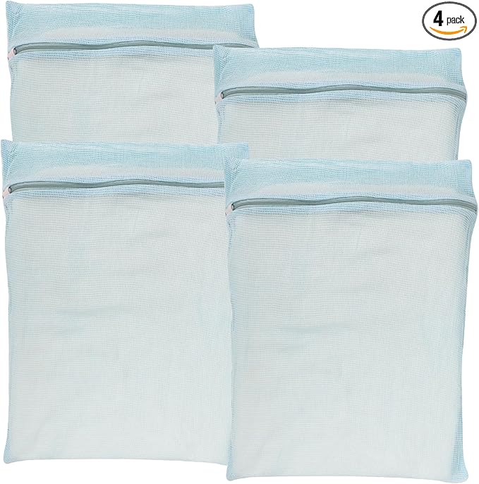 4-Piece Blue Large Durable Organic Cotton Mesh Laundry Bags with Sturdy Zippers and Breathable Mesh are Delicate Laundry Bags for Underwear, Clothes, Pants and Socks